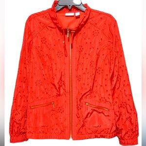 New Small Zenergy Chico’s Amelia Vibrant Orange Eyelet Jacket Gold Zip Pockets